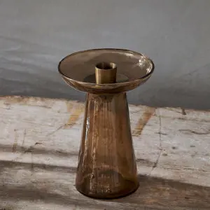 Nkuku Avyn Recycled Glass Candle Holder Smoke Amber Small